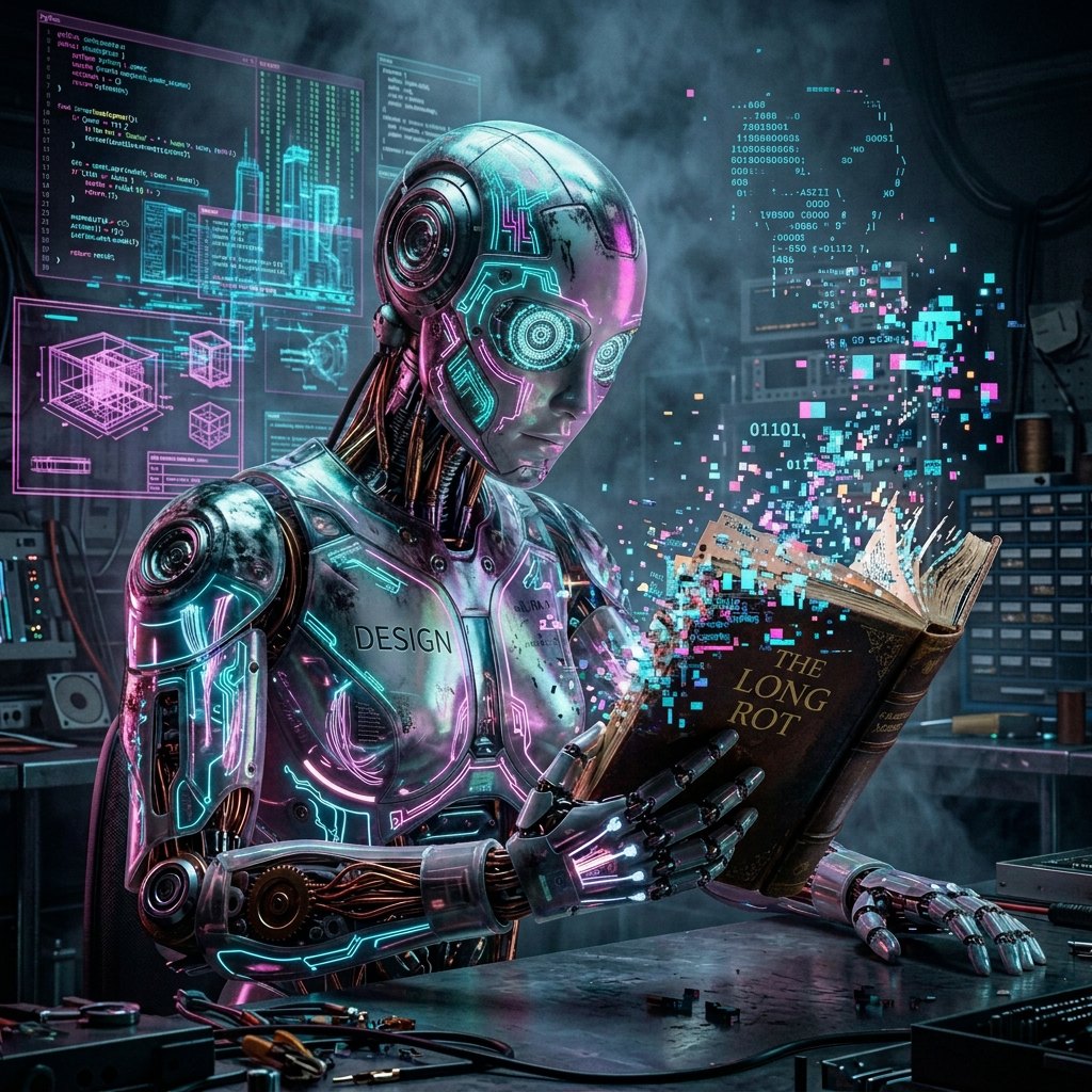 An android reading The Long Rot as the book comes apart into data